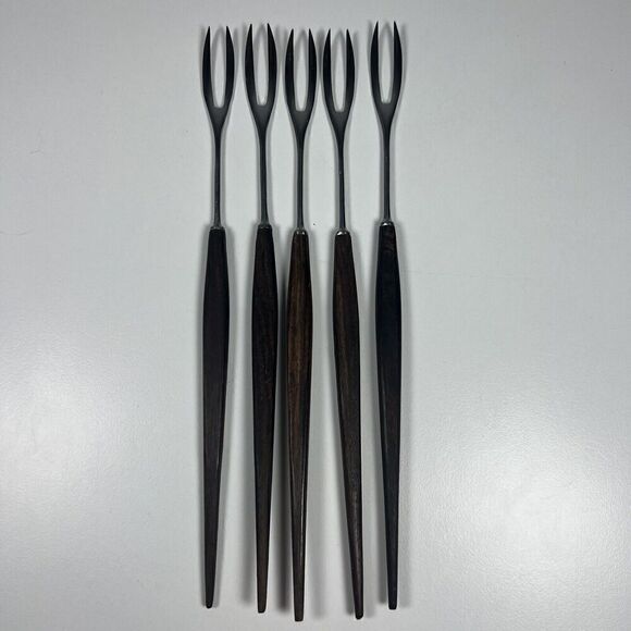 Vintage Fondue Fork Set 5 Dark Wood Handles Made in Japan Unbranded 10.5” - Picture 1 of 5